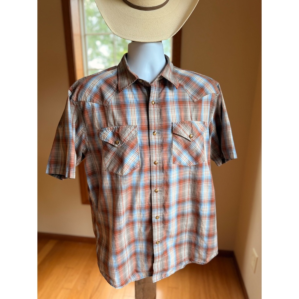 Pendleton Frontier Mens Large Plaid Western Snap Short Sleeve Shirt Rust Blue